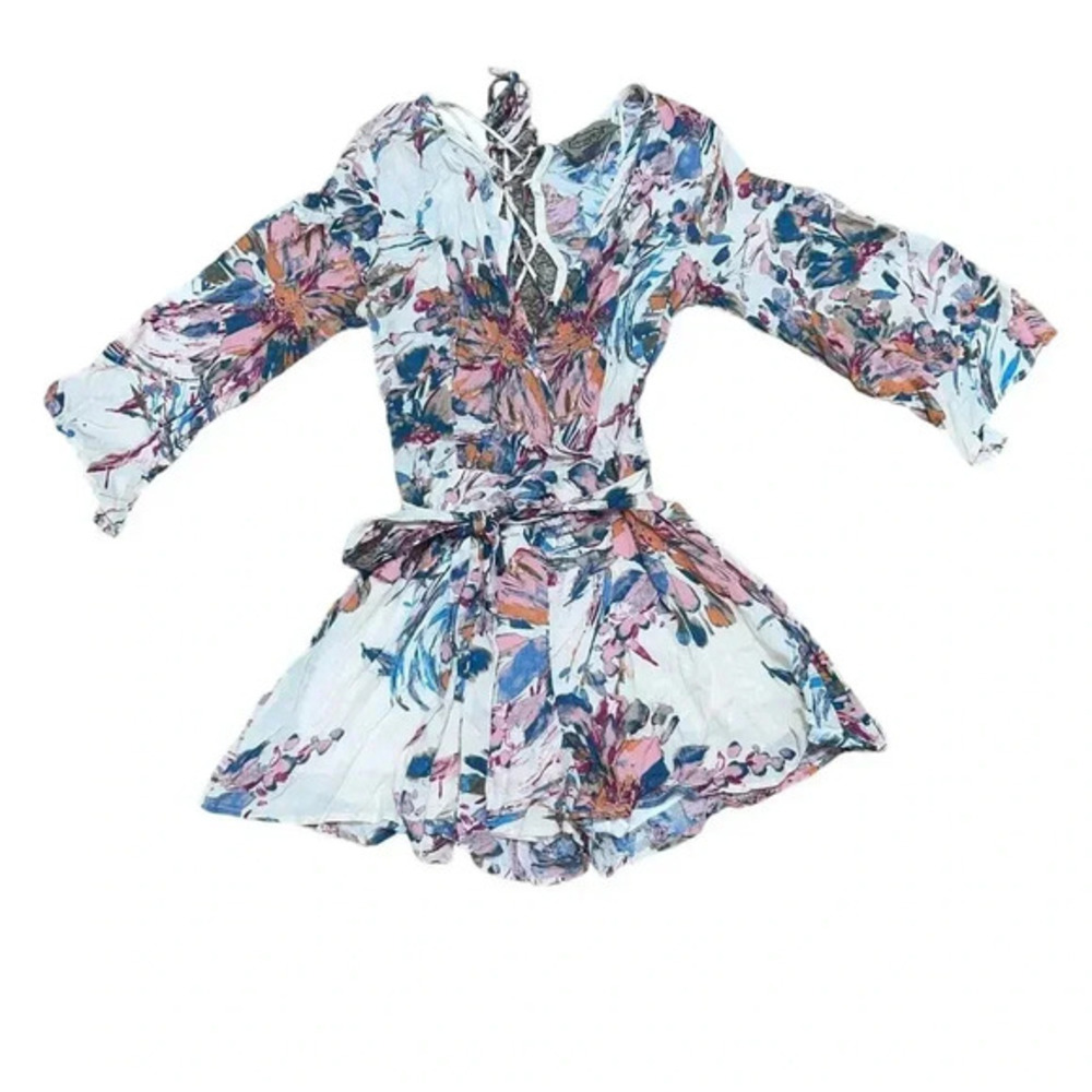 Women's S Floral Abstract Long Sleeve Wrap Romper Deja Vu - Lightweight Cotton